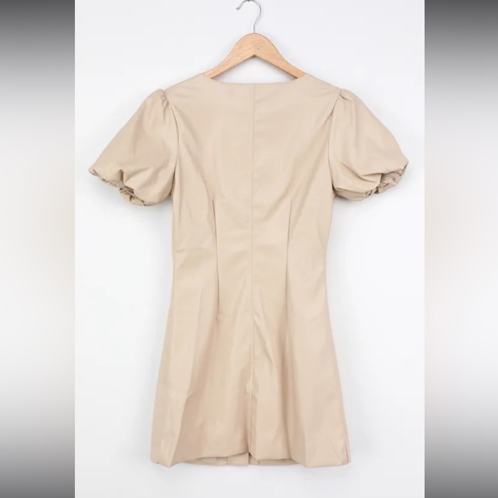 Lulus NWT Aiming to Achieve Beige Vegan Leather Puff Sleeve Mini Dress Medium - Picture 4 of 11